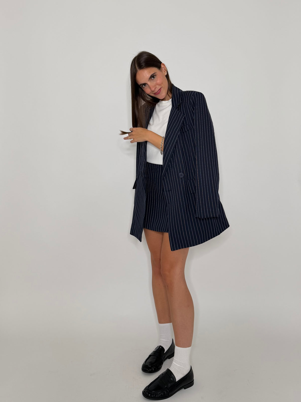 Gonna pantalone gessata blu