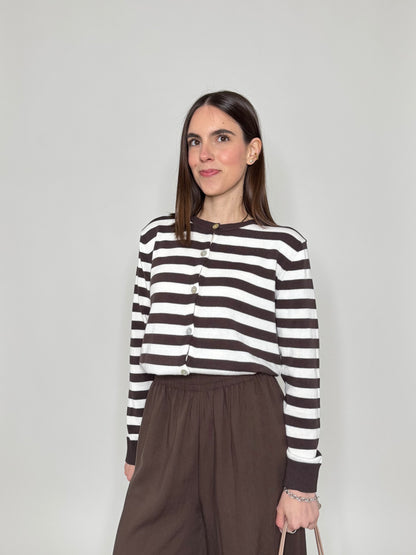 Cardigan in 100% cotone a righe girocollo Panna/Moro