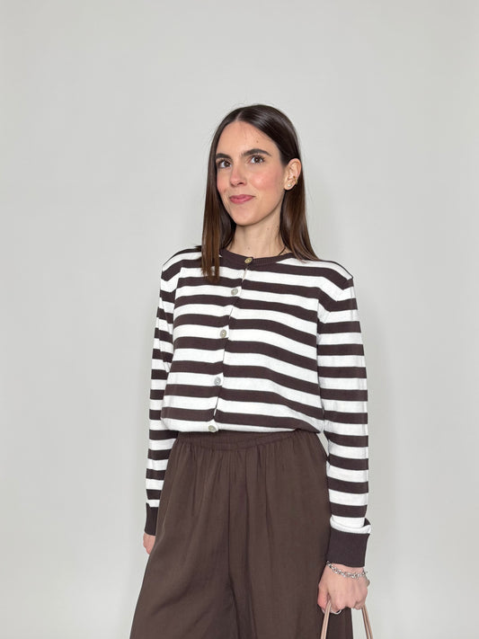 Cardigan in 100% cotone a righe girocollo Panna/Moro