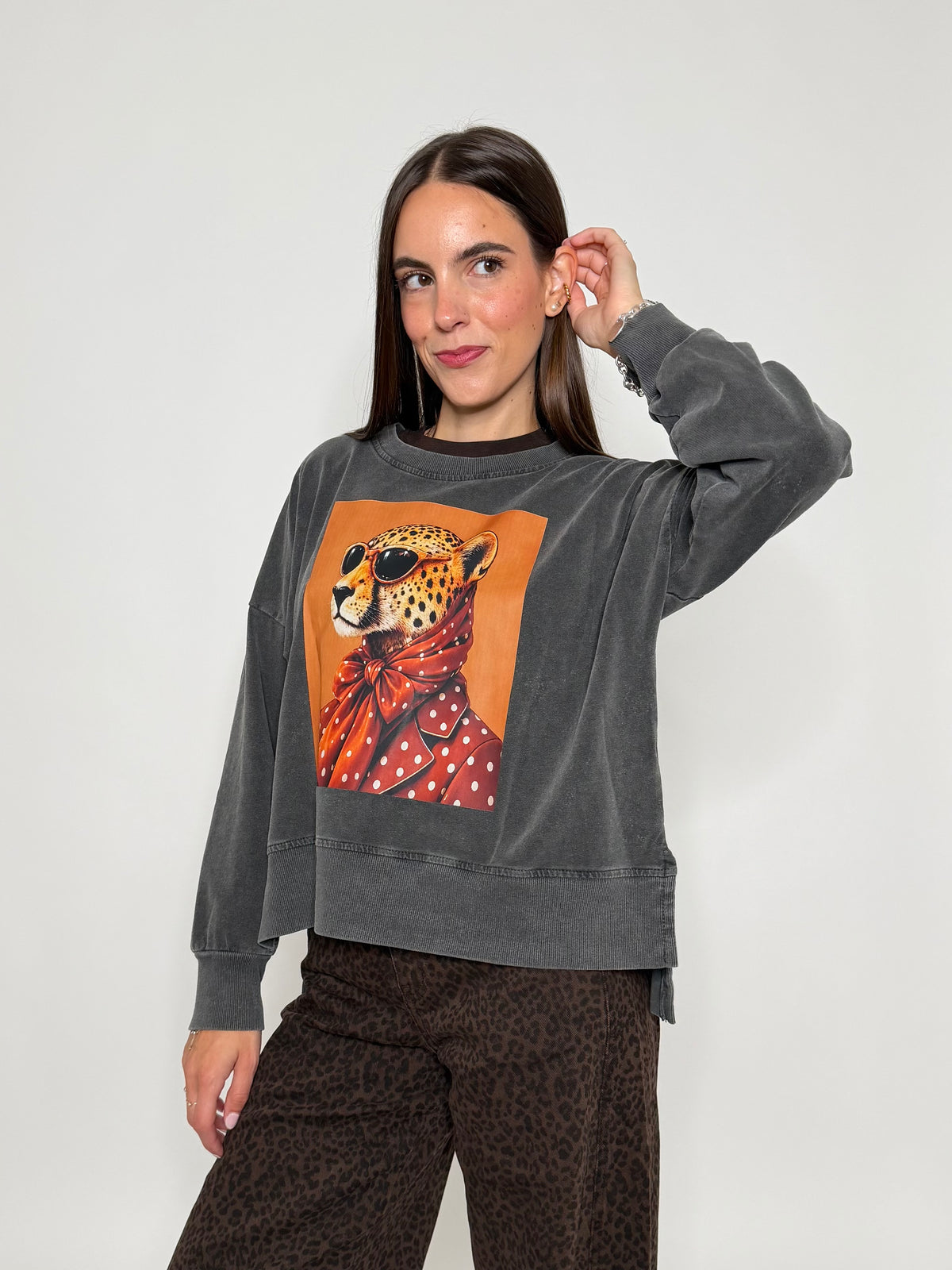Felpa in Cotone con stampa base arancio grigio mélange