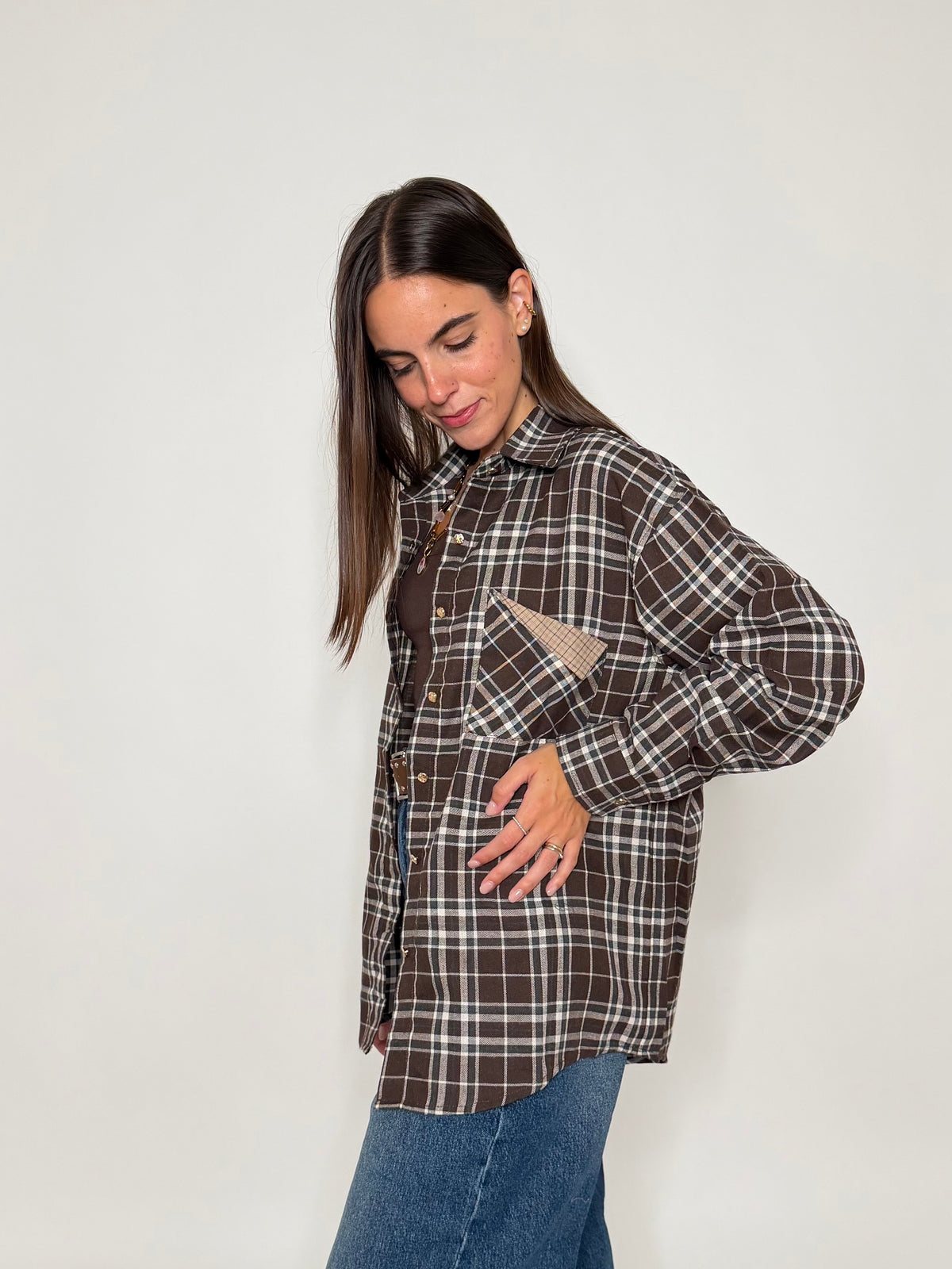 Camicia check in cotone con taschino cioccolato