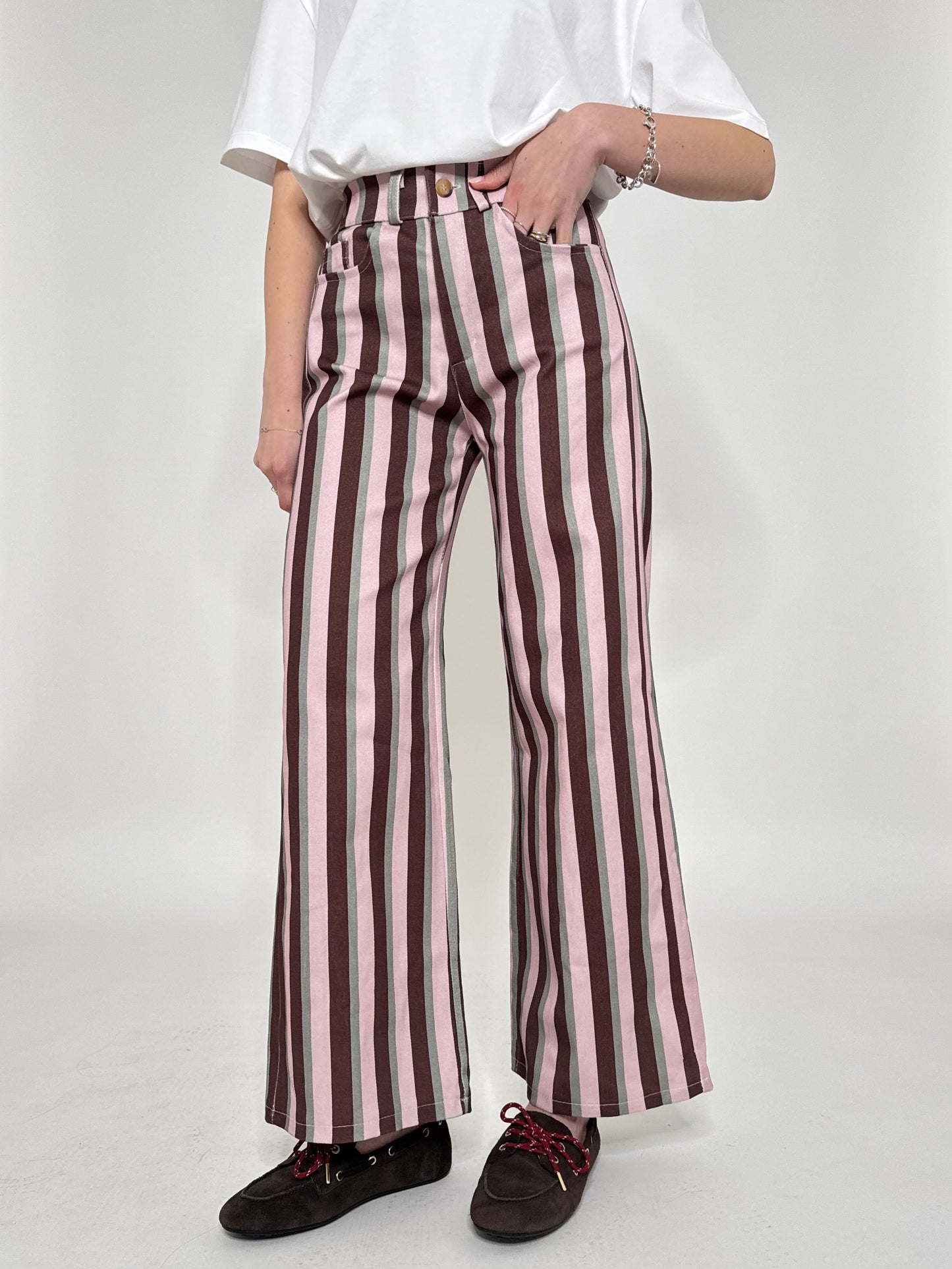Jeans cinque tasche a righe modello wide leg Rosa/Burgundy/Grigio