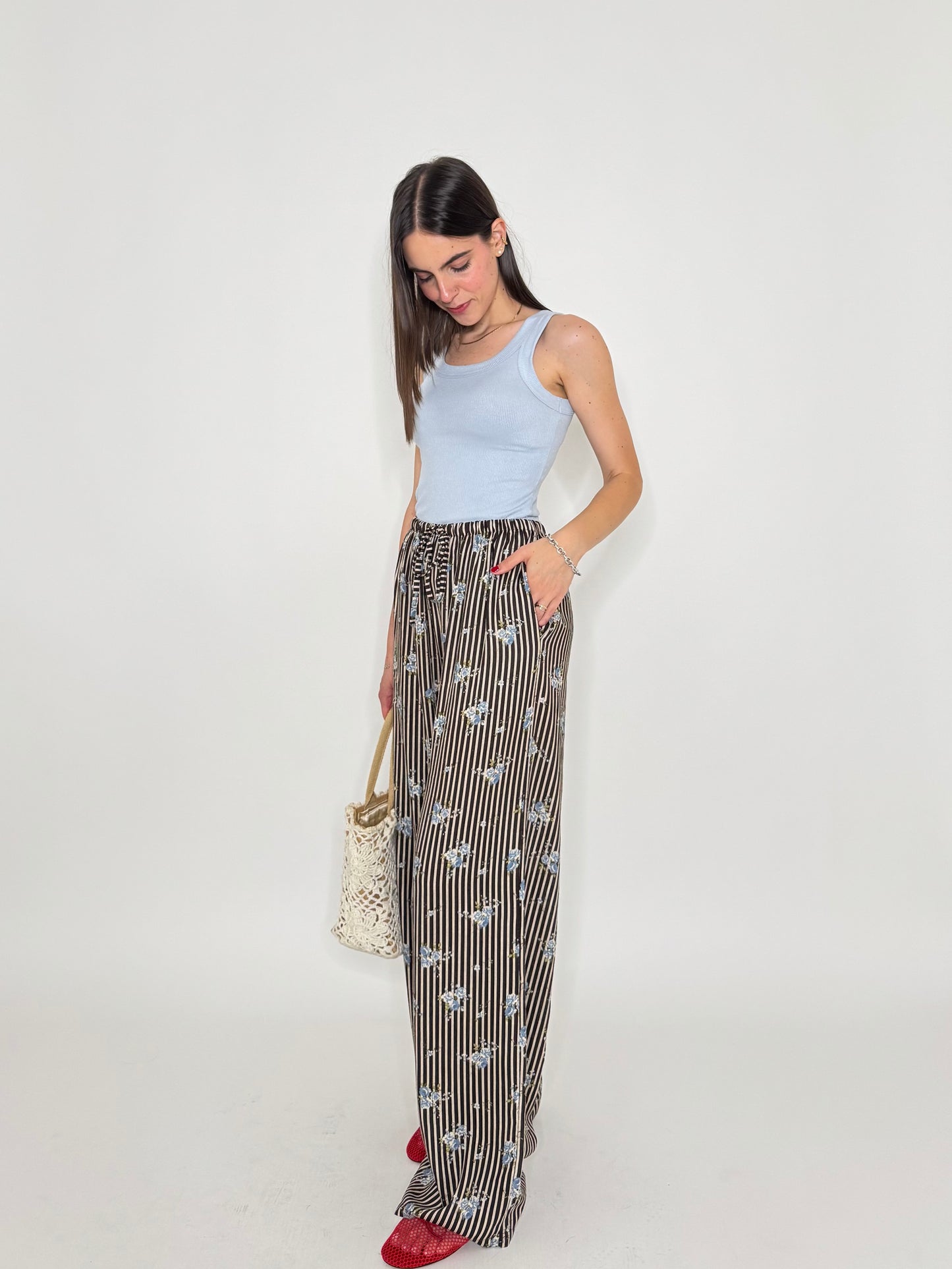 Pantalone in fantasia misto lino e viscosa Cioccolato