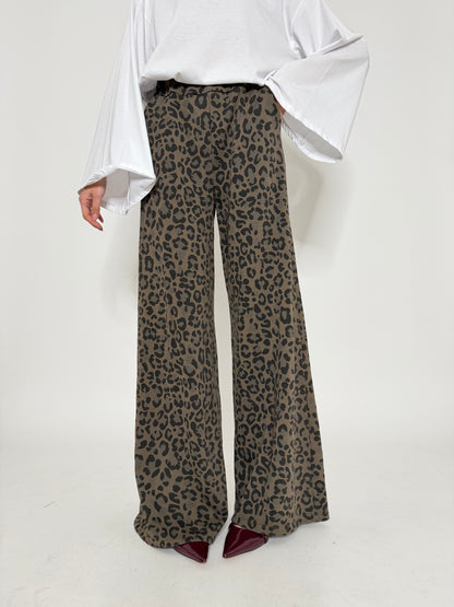 Pantalone palazzo leopardato in cotone