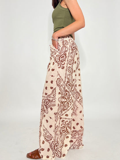 Pantalone in mussola di cotone stampa bandana Panna