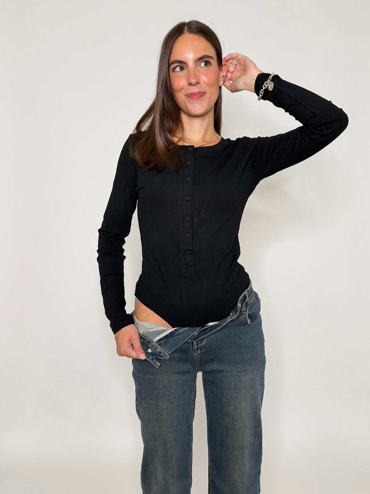 Body a costine in viscosa Nero