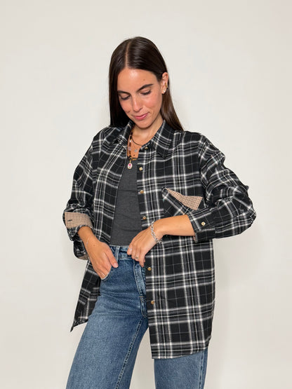 Camicia check in cotone con taschino nero