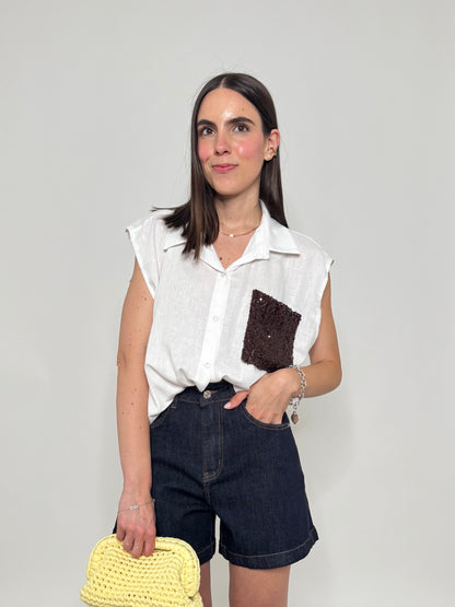 Camicia in lino e viscosa con taschino pailletes Bianca