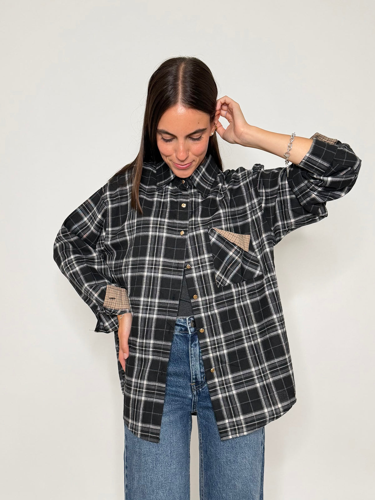 Camicia check in cotone con taschino nero