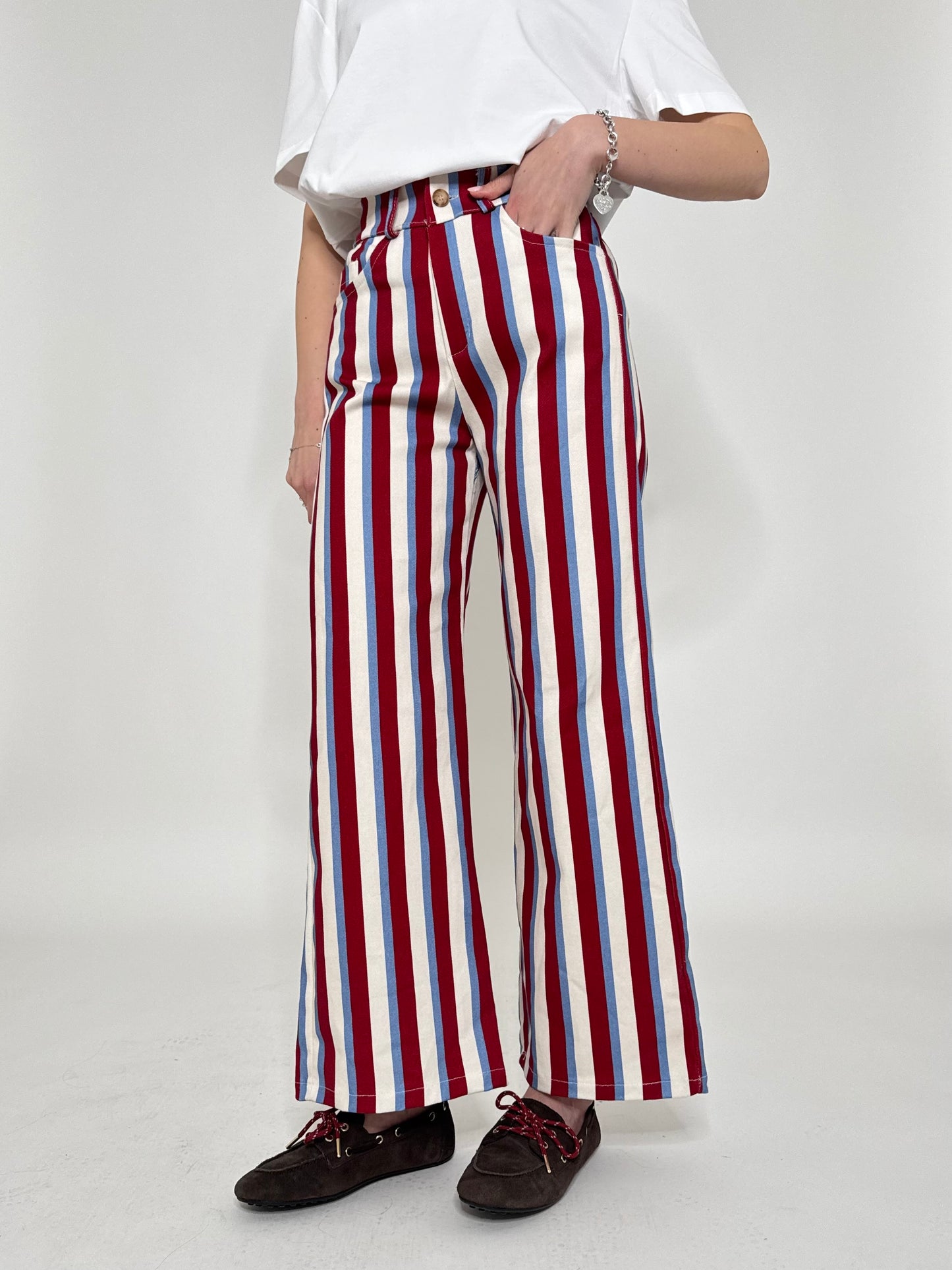 Jeans cinque tasche a righe modello wide leg Panna/Celeste/Bordeaux