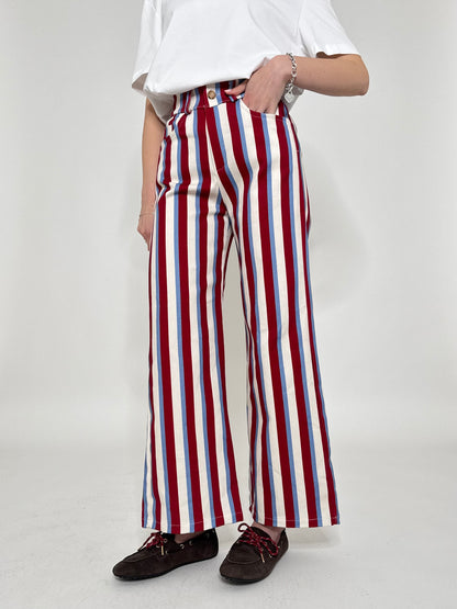 Jeans cinque tasche a righe modello wide leg Panna/Celeste/Bordeaux