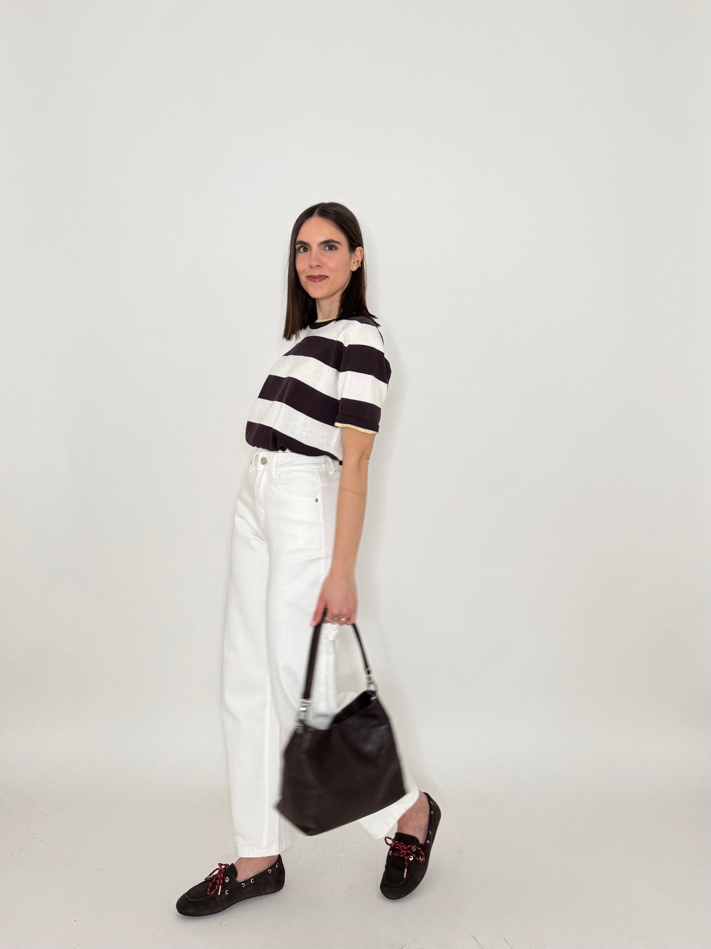 Maglia girocollo a righe manica corta in 100% cotone Moro/Panna