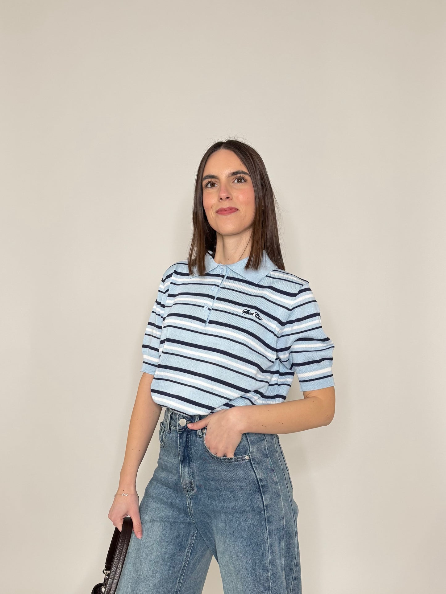Polo in filo di viscosa a righe Celeste/blu navy