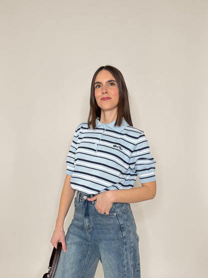 Polo in filo di viscosa a righe Celeste/blu navy
