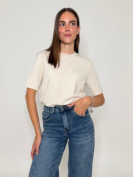 Maglia girocollo basic in viscosa e cotone beige