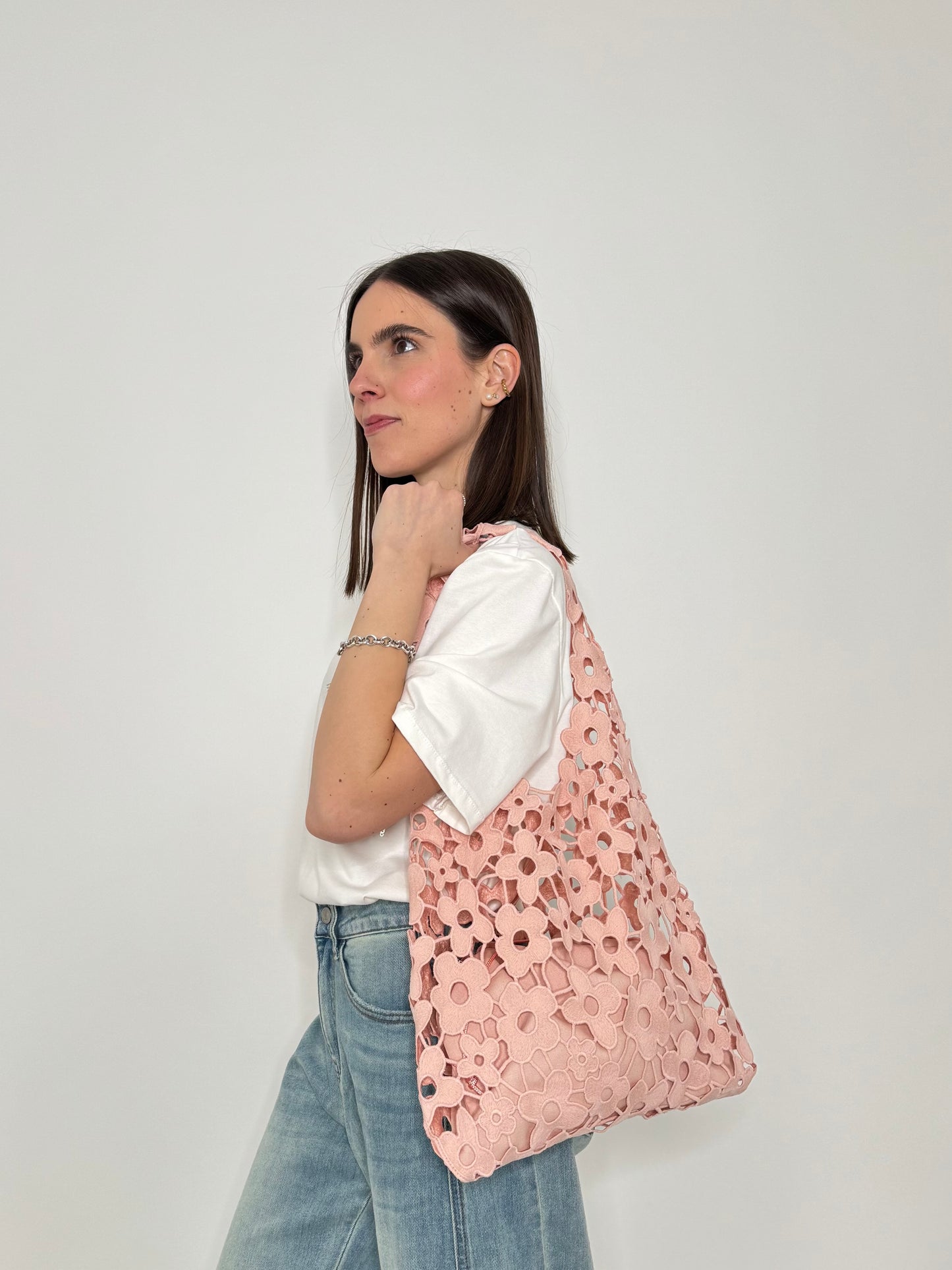 Tote bag effetto macramè floreale Rosa