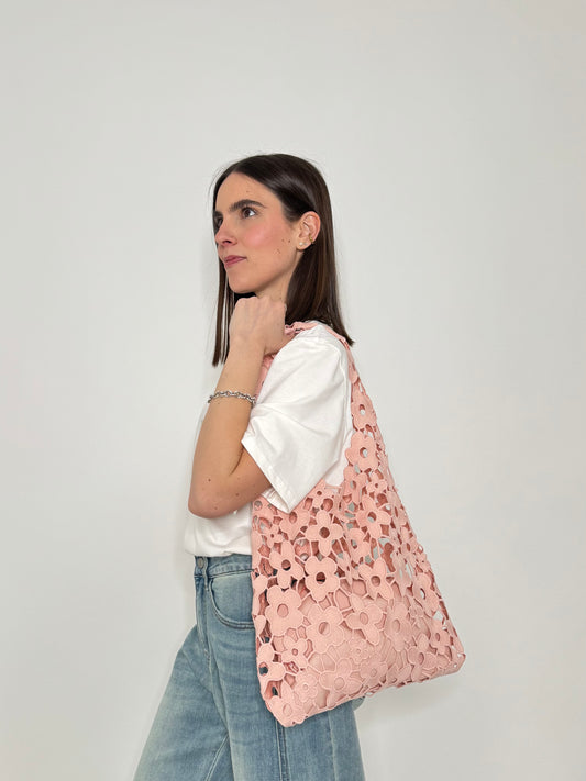 Tote bag effetto macramè floreale Rosa