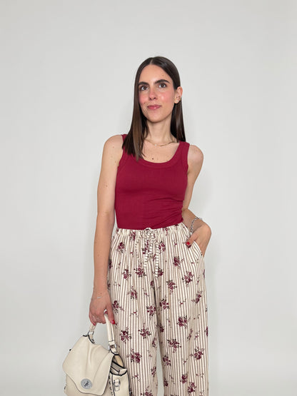 Pantalone in fantasia misto lino e viscosa panna