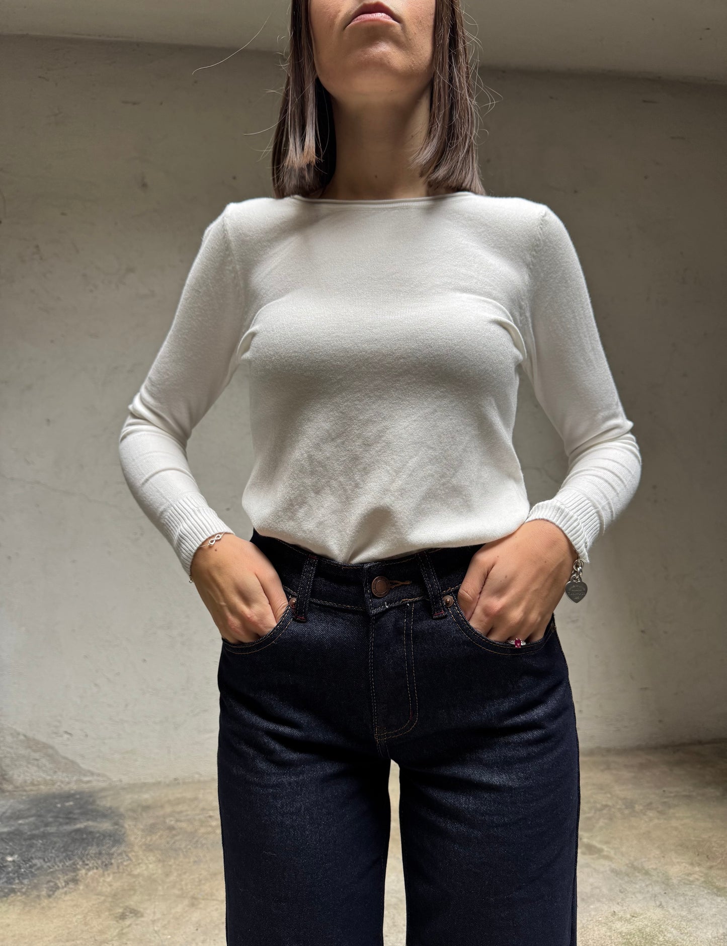 Maglia girocollo in calda viscosa Bianco