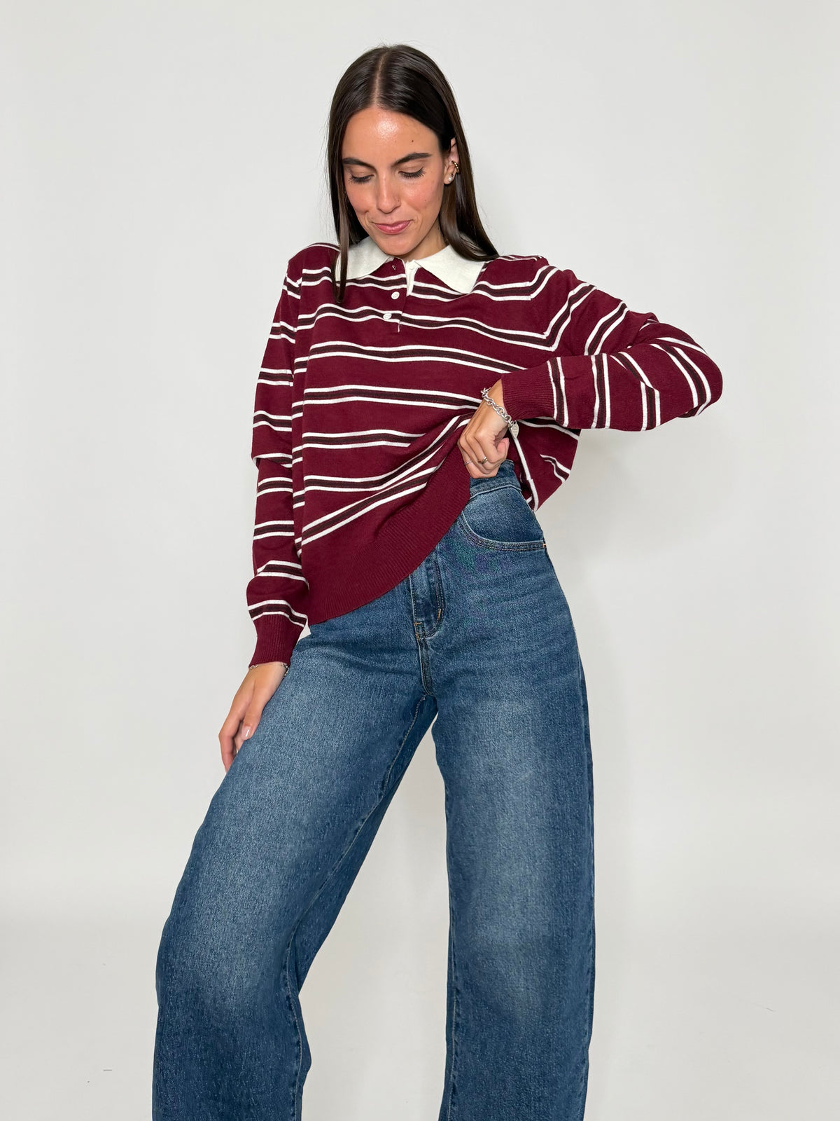 Polo a righe in viscosa vino/panna