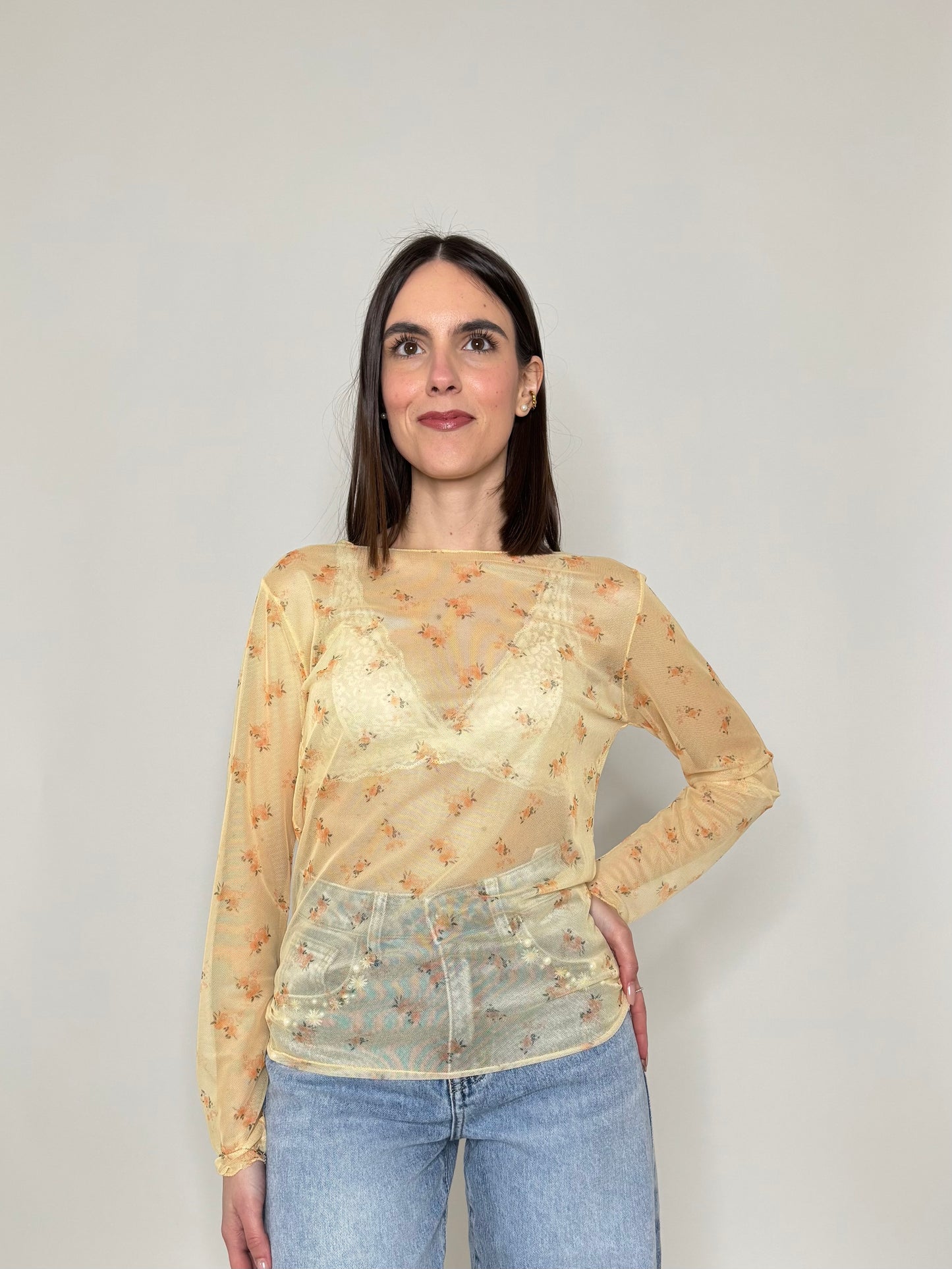 Maglia in tulle con micro fiori Giallo