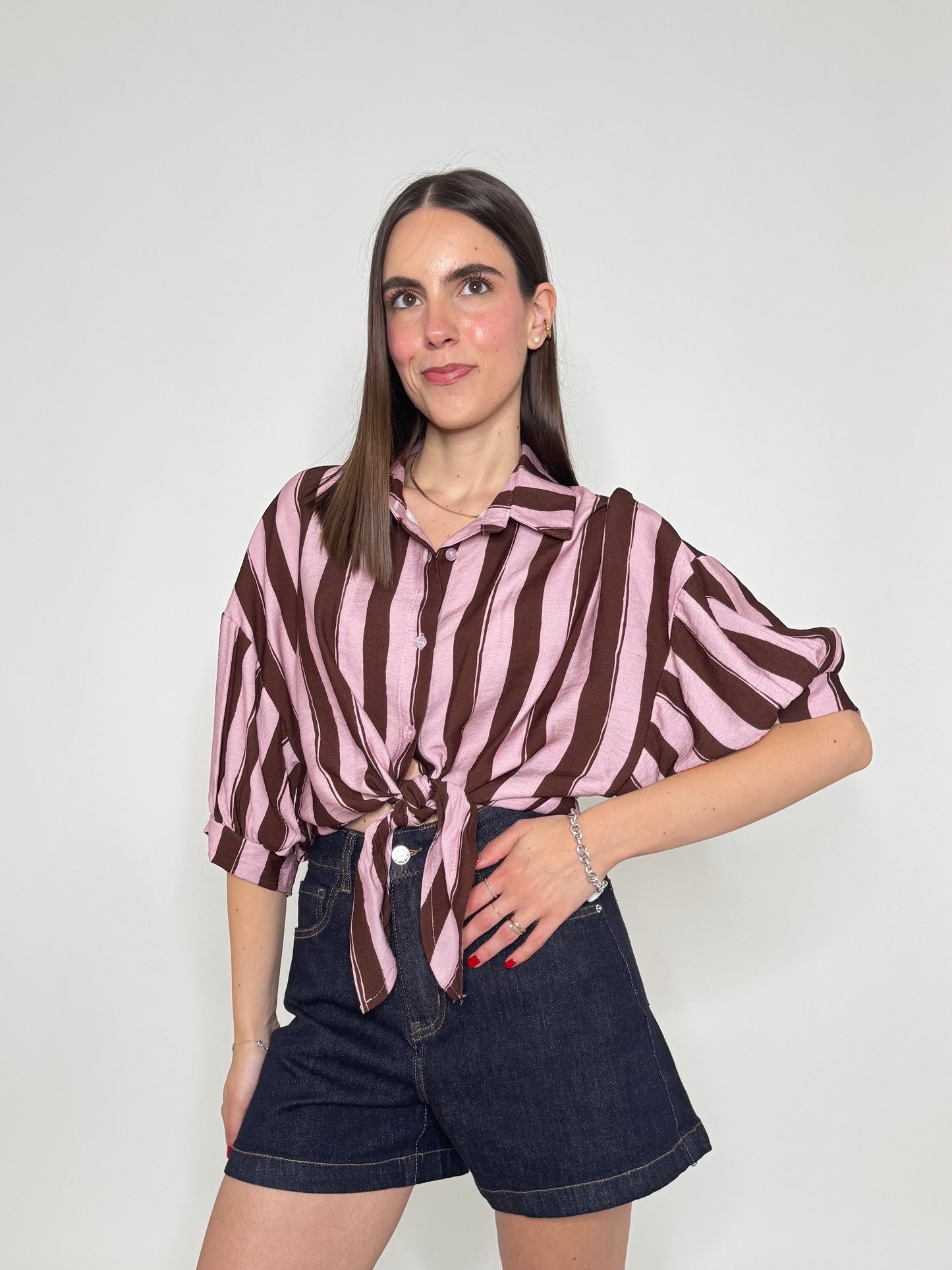 Camicia a righe cioccolato/rosa