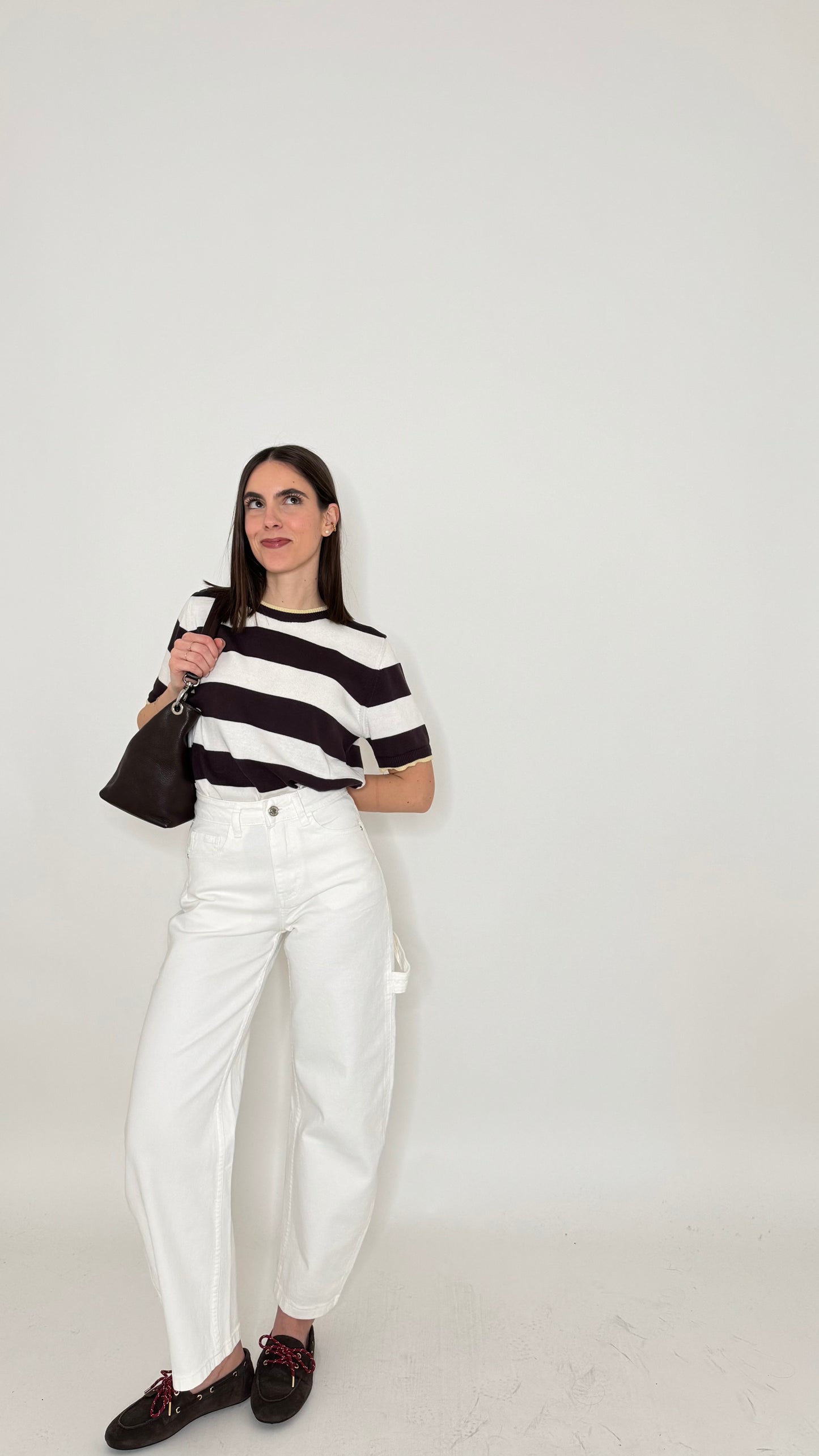Maglia girocollo a righe manica corta in 100% cotone Moro/Panna