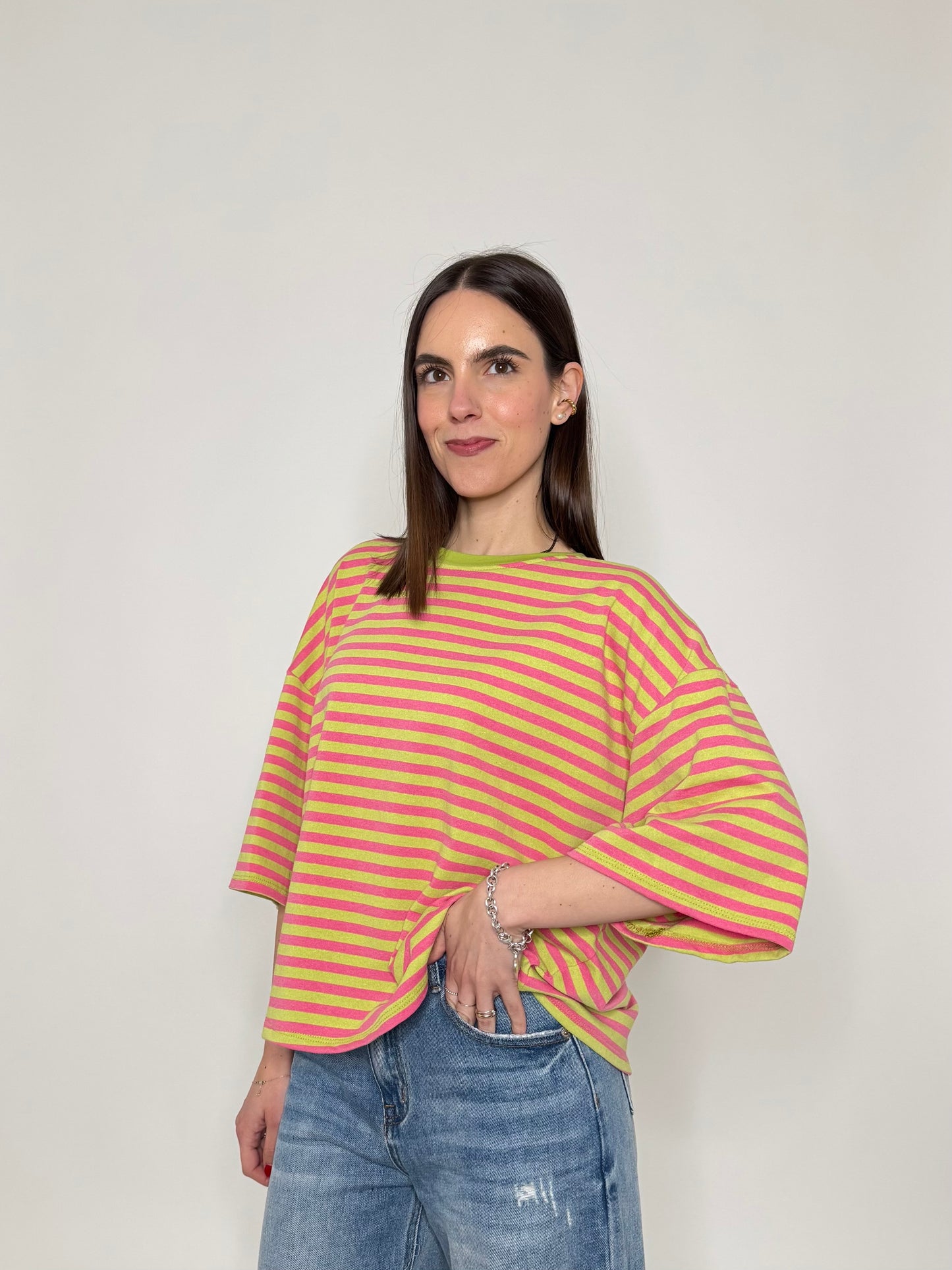 Maglia Felpa a righe light cotton in cotone Verde/Rosa