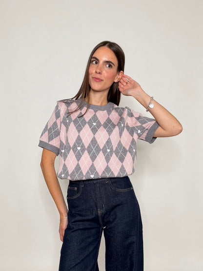 Maglia in viscosa a rombi grigio/rosa