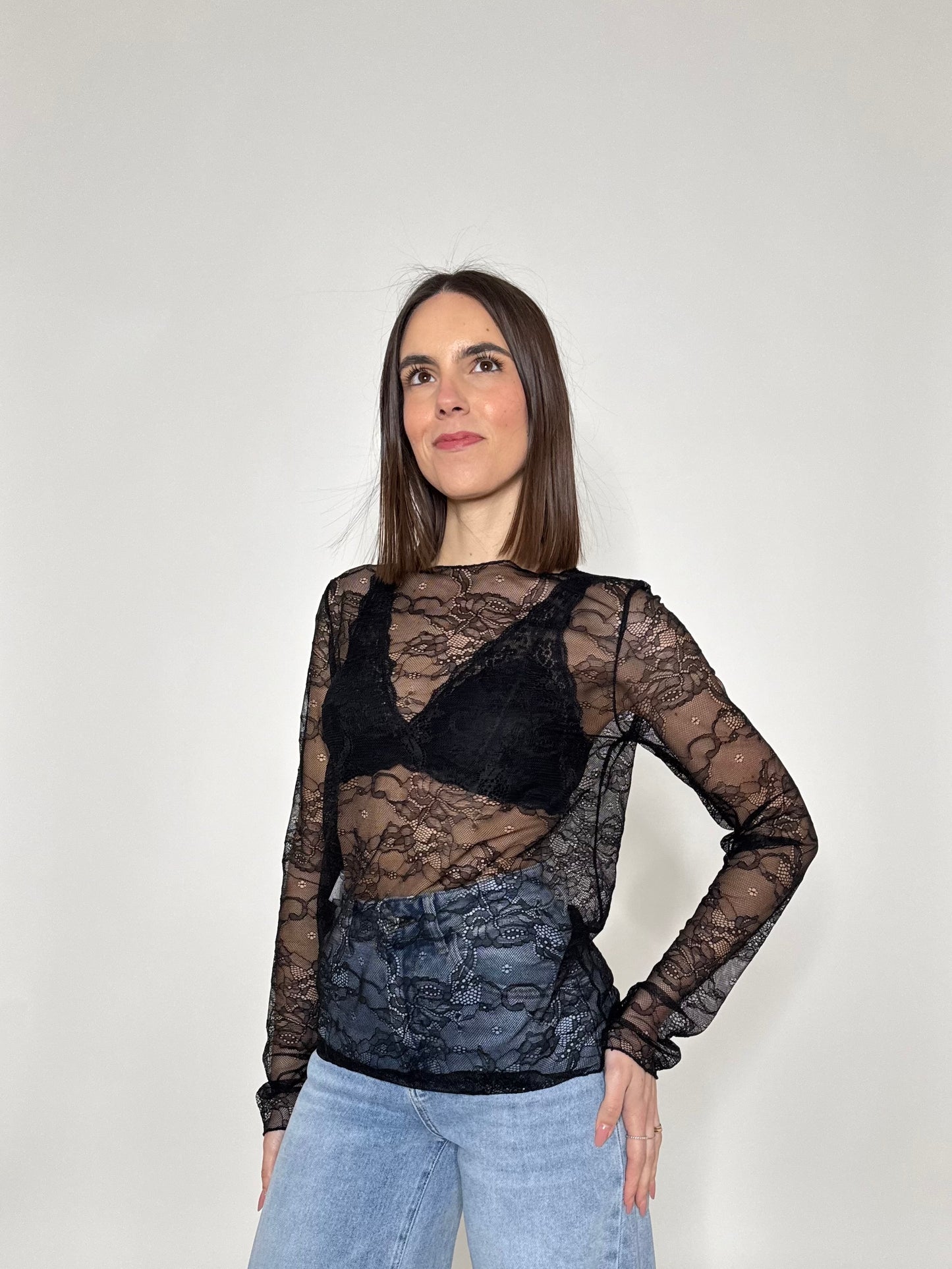 Maglia girocollo light pizzo Nero