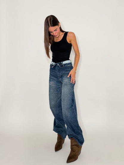 Jeans Wide Leg in Denim Blu con vita risvoltata