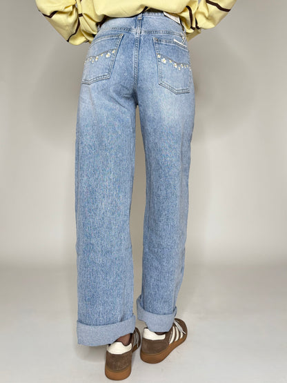 Jeans Ballon light denim ricami e caboshon