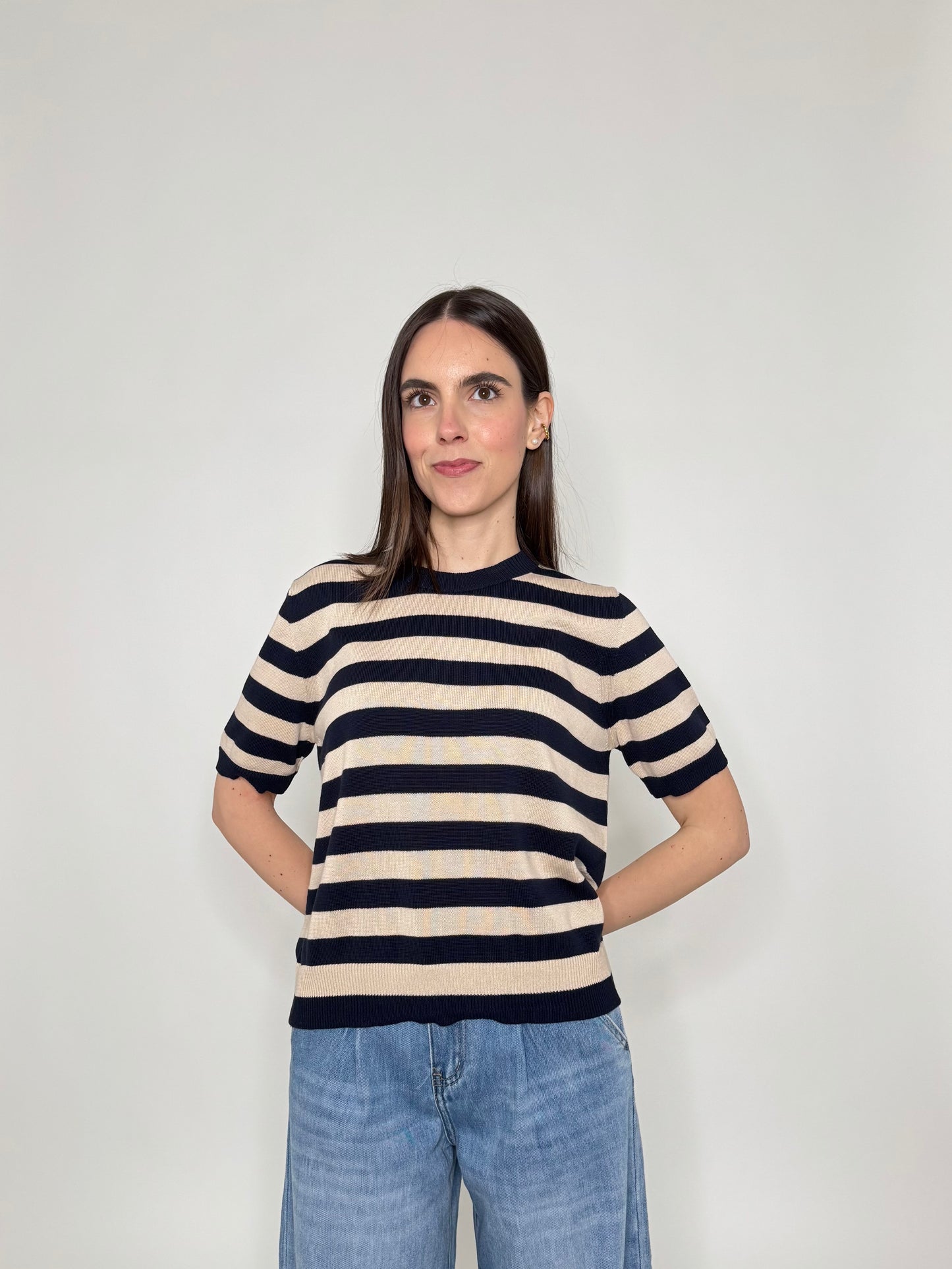 Maglia girocollo a righe manica corta in 100% cotone Blu/Beige