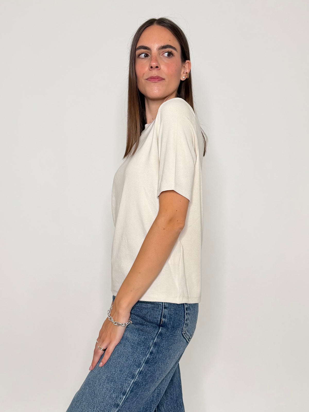 Maglia girocollo basic in viscosa e cotone beige