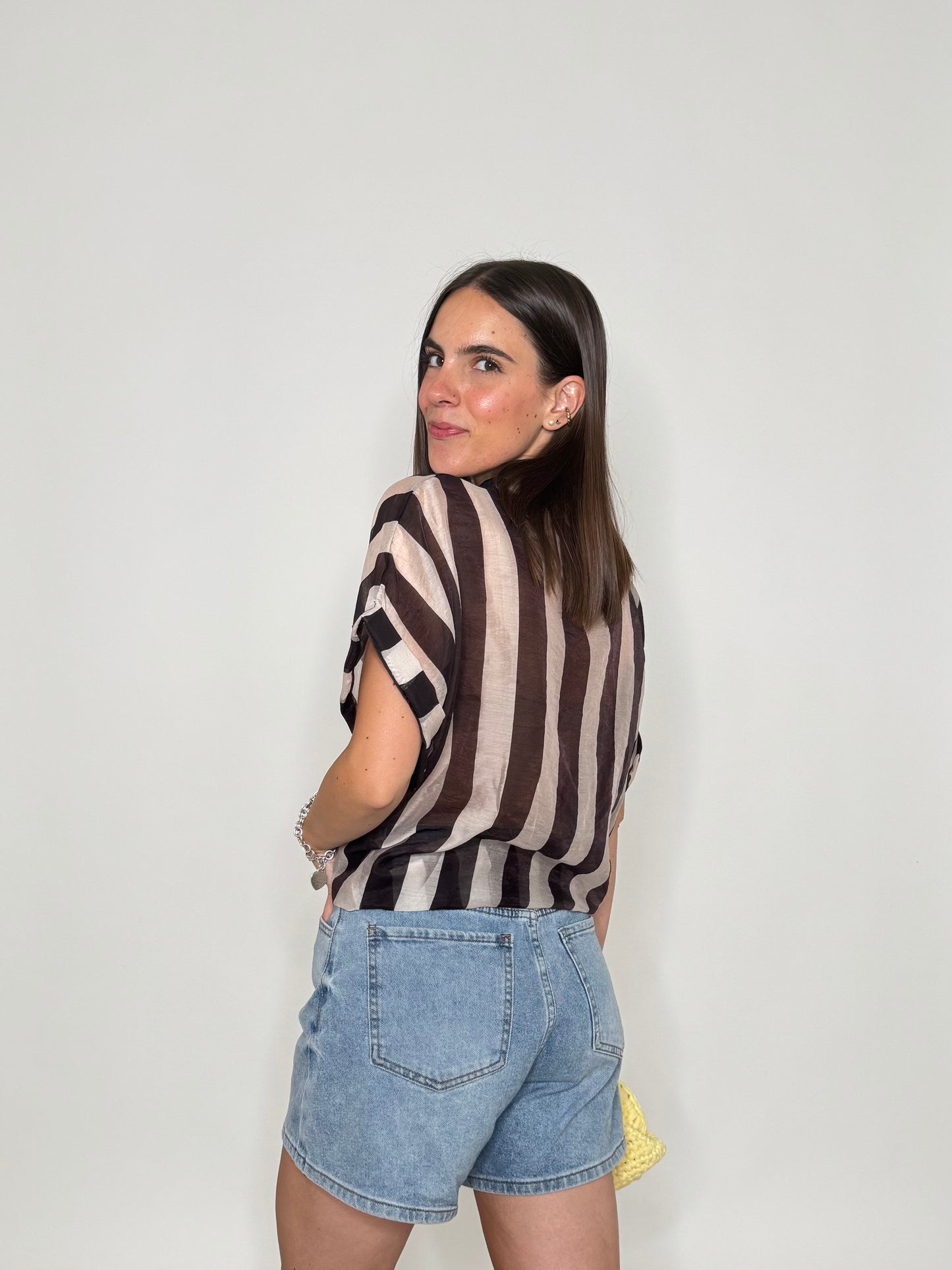 Camicia a righe in lyocell manica corta panna/moro