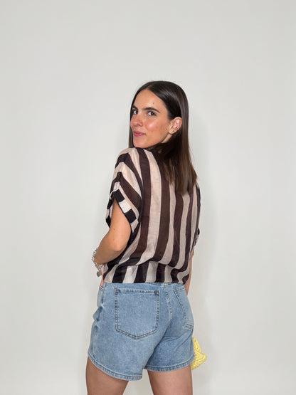 Camicia a righe in lyocell manica corta panna/moro