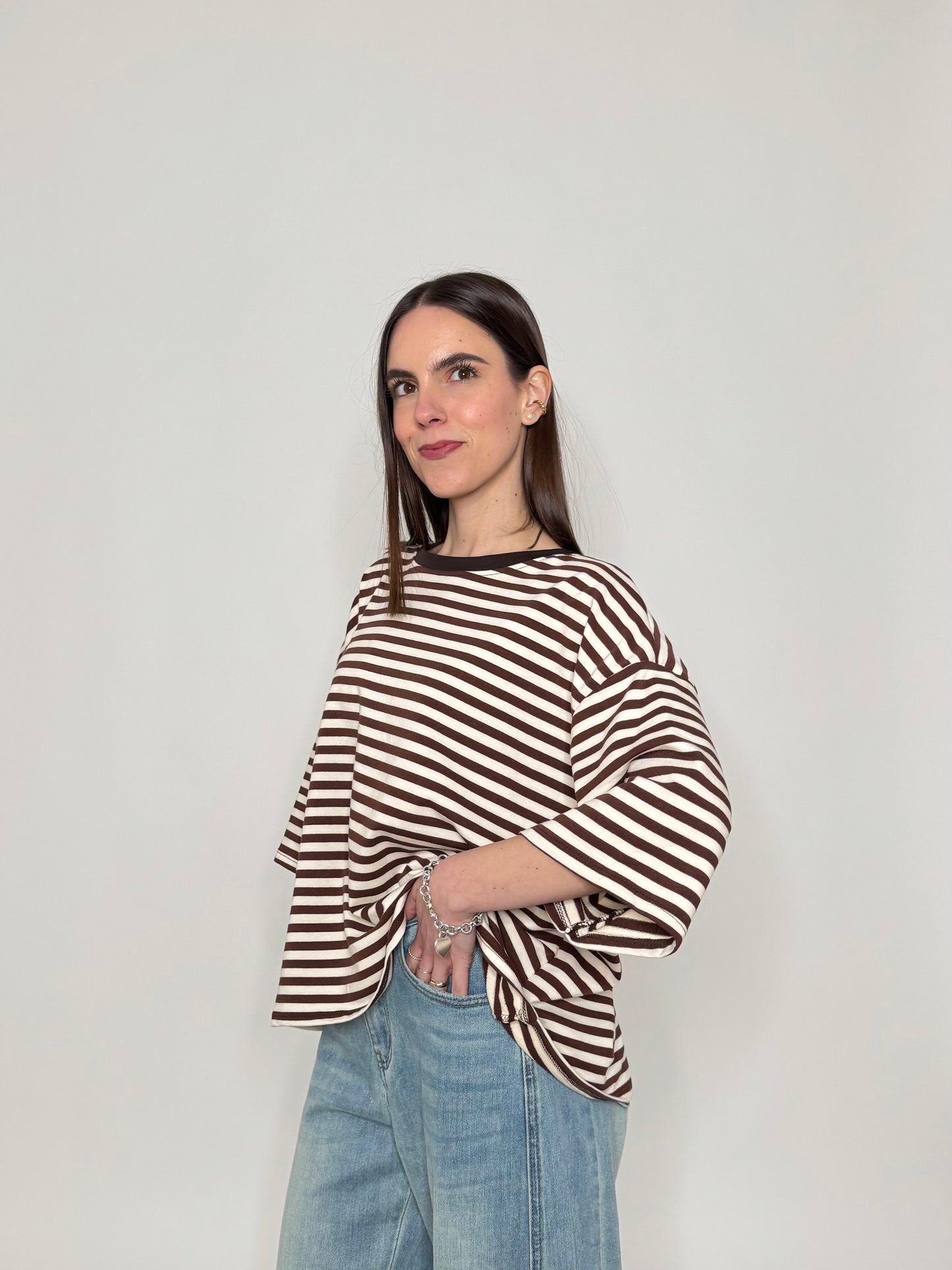 Maglia Felpa a righe light cotton in cotone Cioccolato/Panna