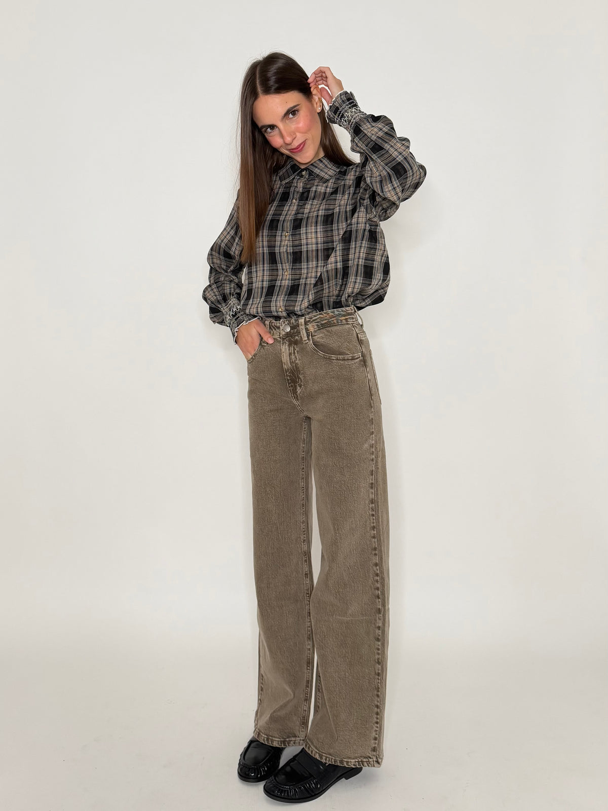Camicia check con stampa vichy interna e polsino ricamato in cotone