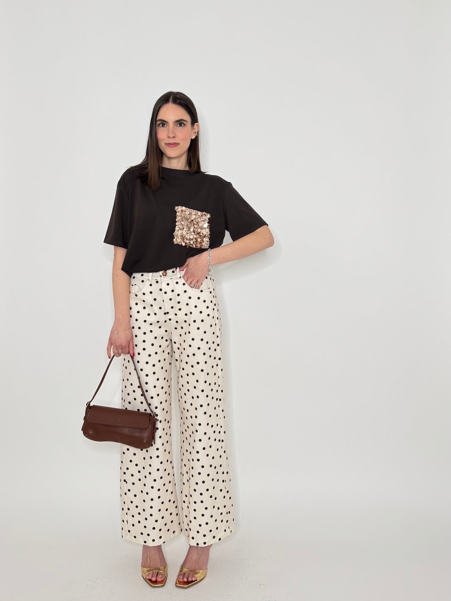 Jeans cinque tasche a pois modello wide leg Bianco/Cioccolato