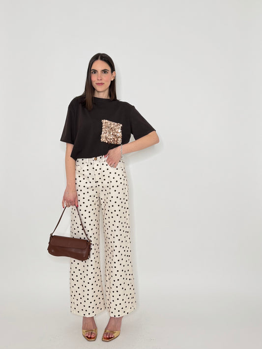 Jeans cinque tasche a pois modello wide leg Bianco/Cioccolato