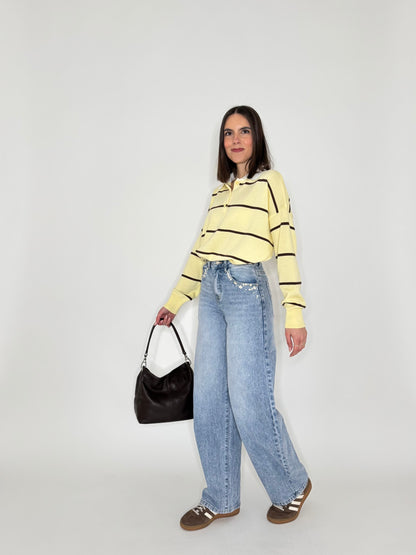 Jeans Ballon light denim ricami e caboshon