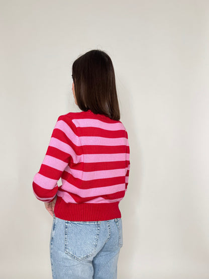 Maglia girocollo a righe in 100% cotone Fragola/Confetto