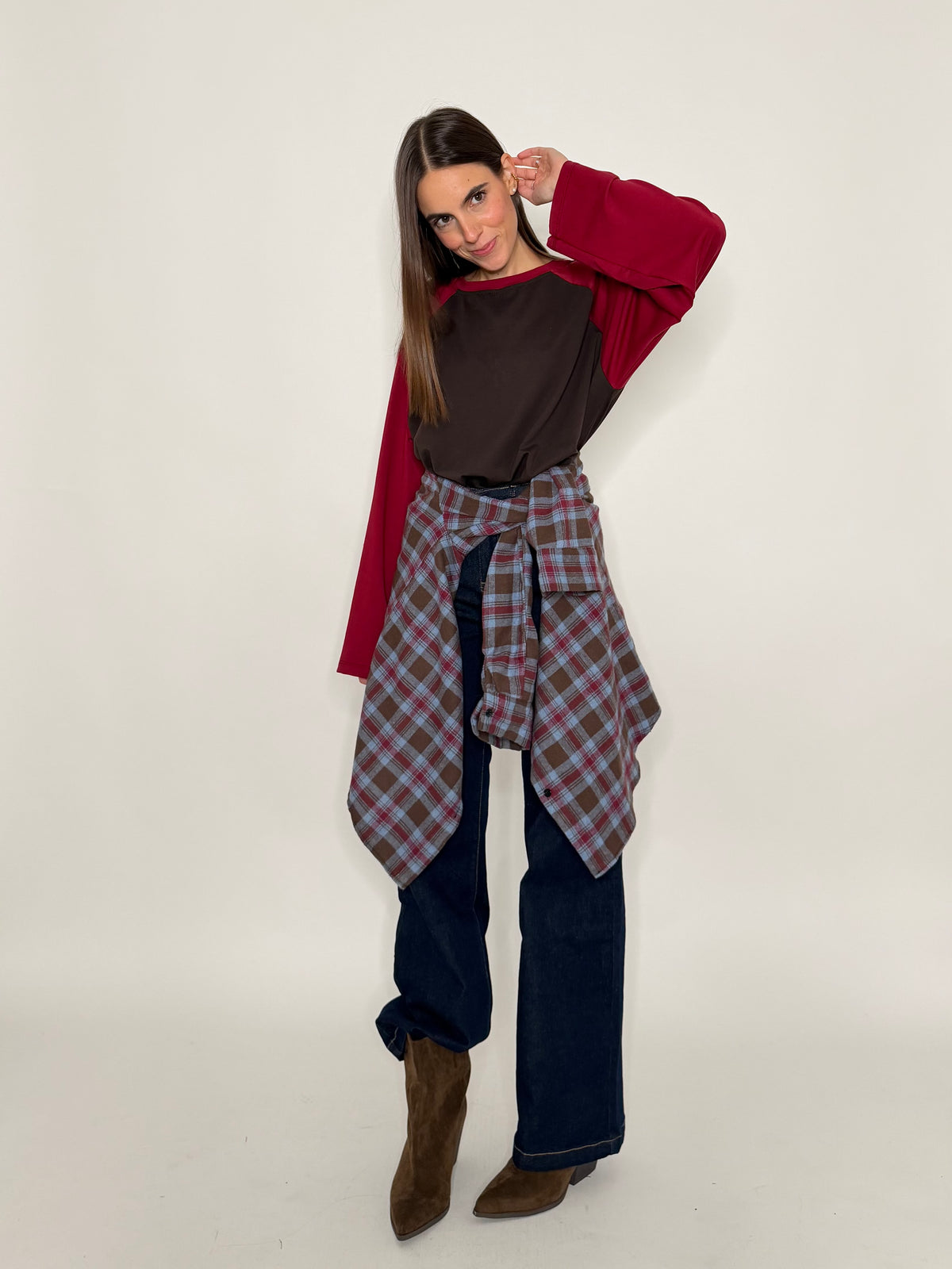 Camicia check vienna in cotone celeste/bordeaux