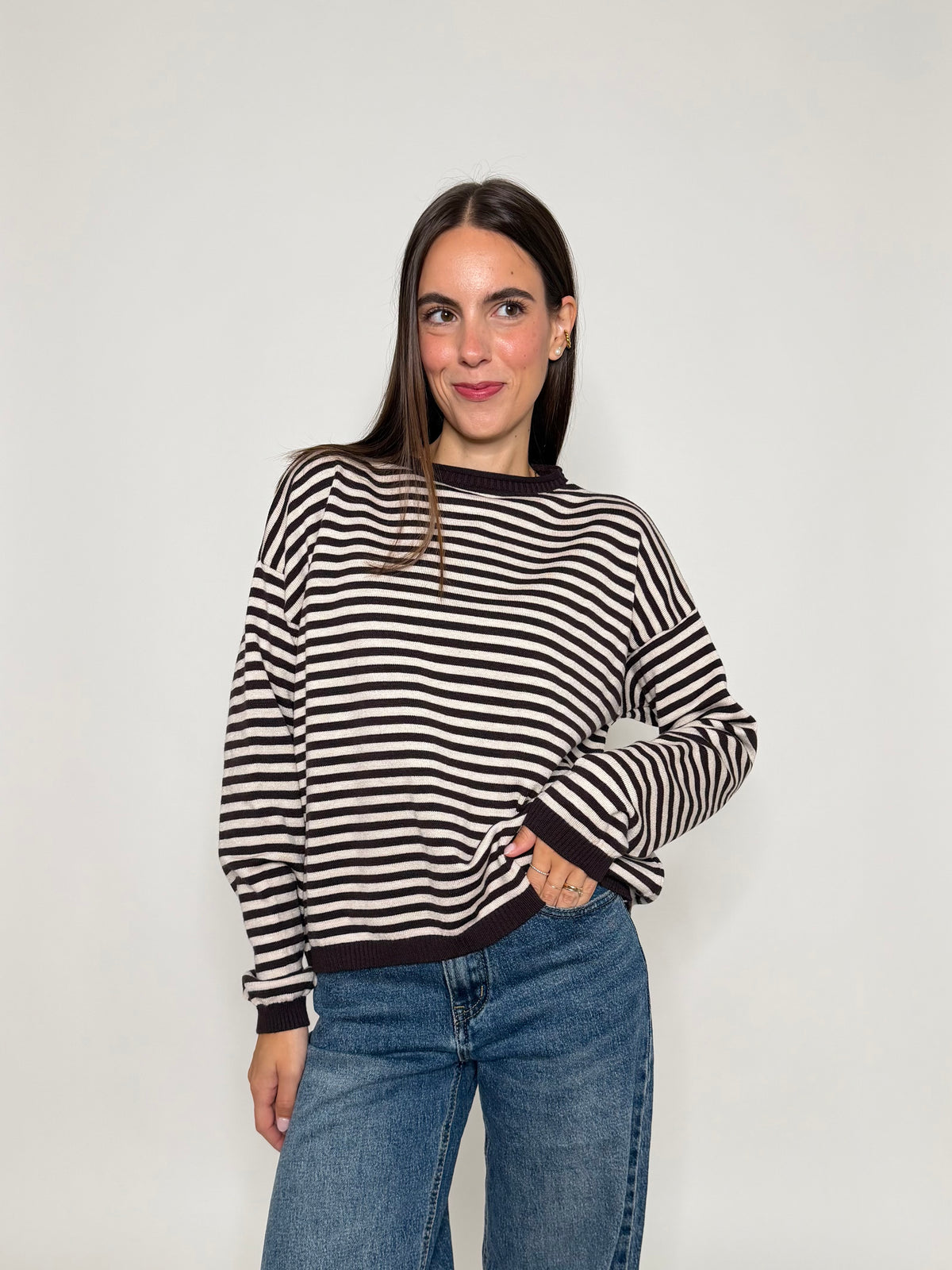 Maglia mille righe fit in morbida viscosa manica lunga coffee