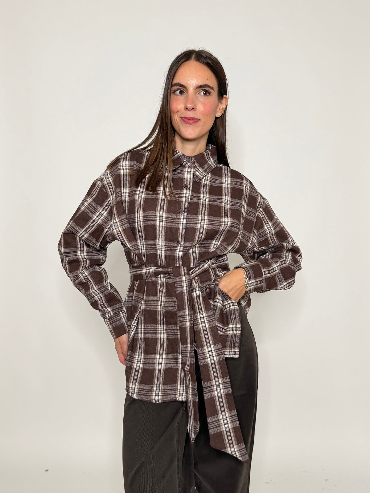 Camicia check in cotone coffee