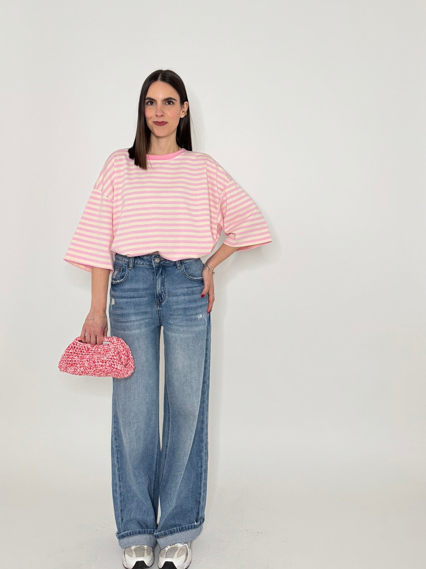 Maglia Felpa a righe light cotton in cotone Rosa/Panna