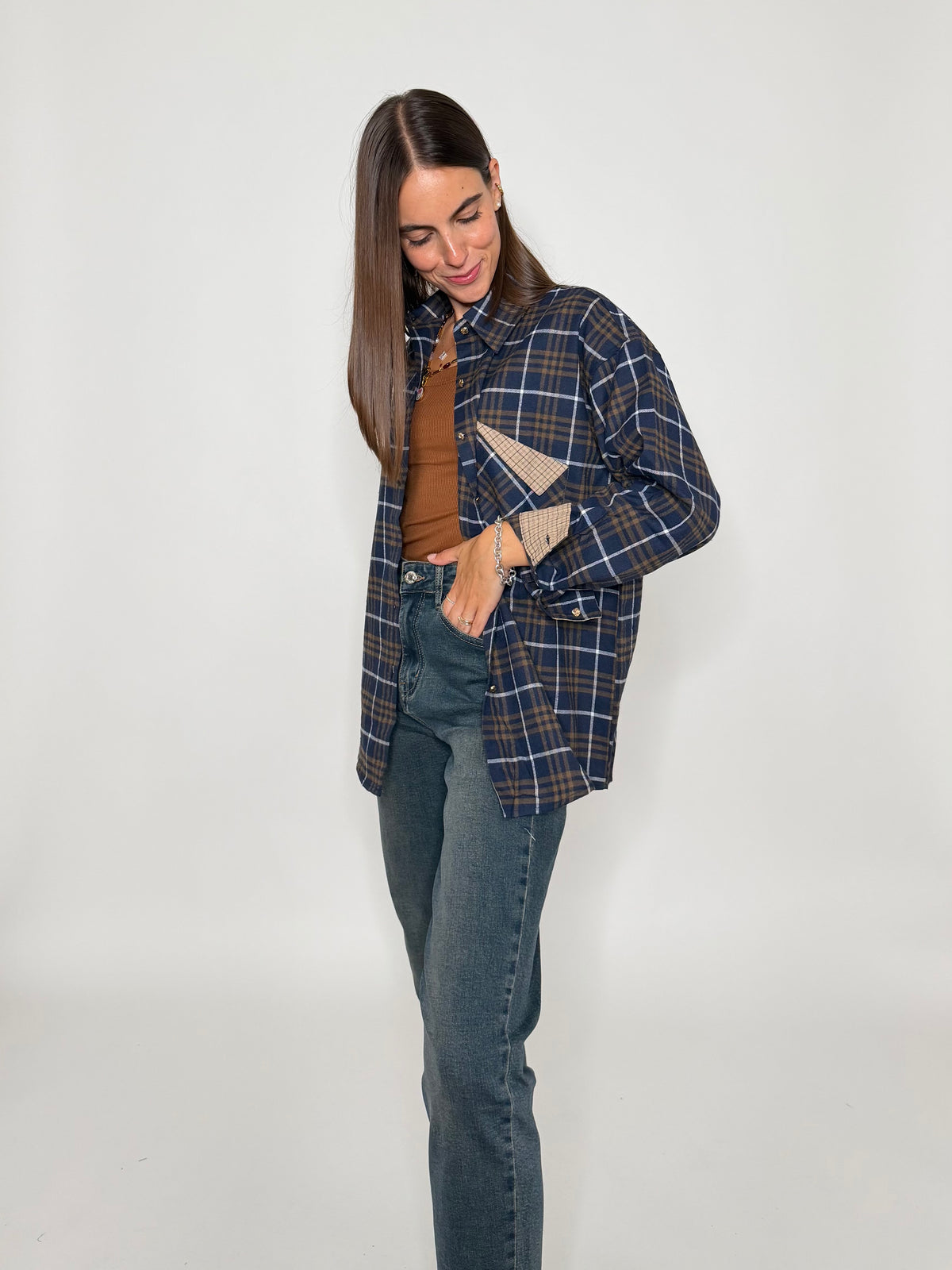 Camicia check in cotone con taschino blu
