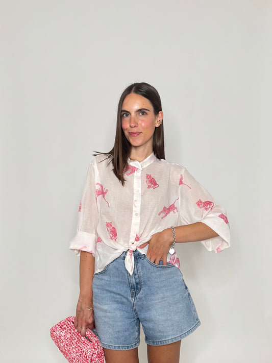 Camicia coreana in mussola di cotone tigre rosa