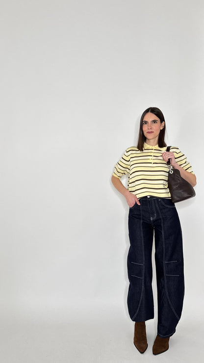 Jeans wide leg barrel con impunture Dark Blu