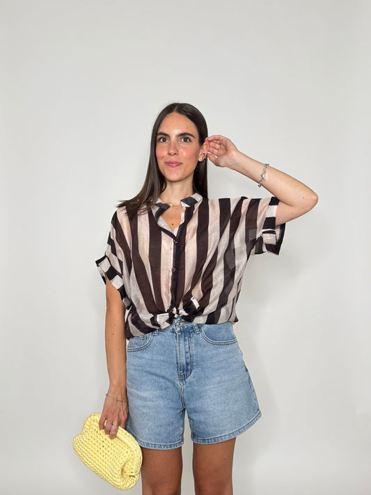 Camicia a righe in lyocell manica corta panna/moro